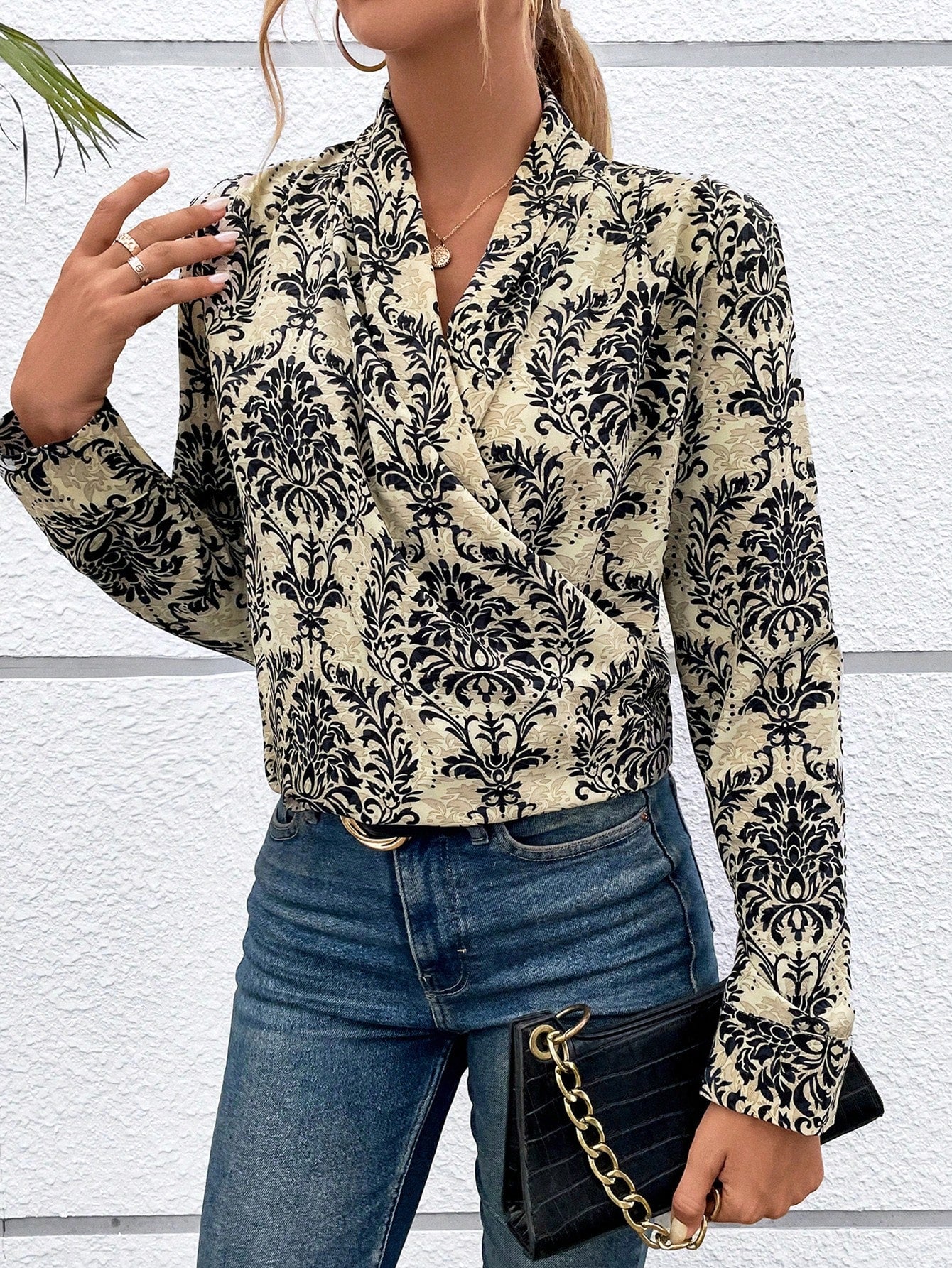 SHEIN LUNE Damask Print Shawl Collar Blouse