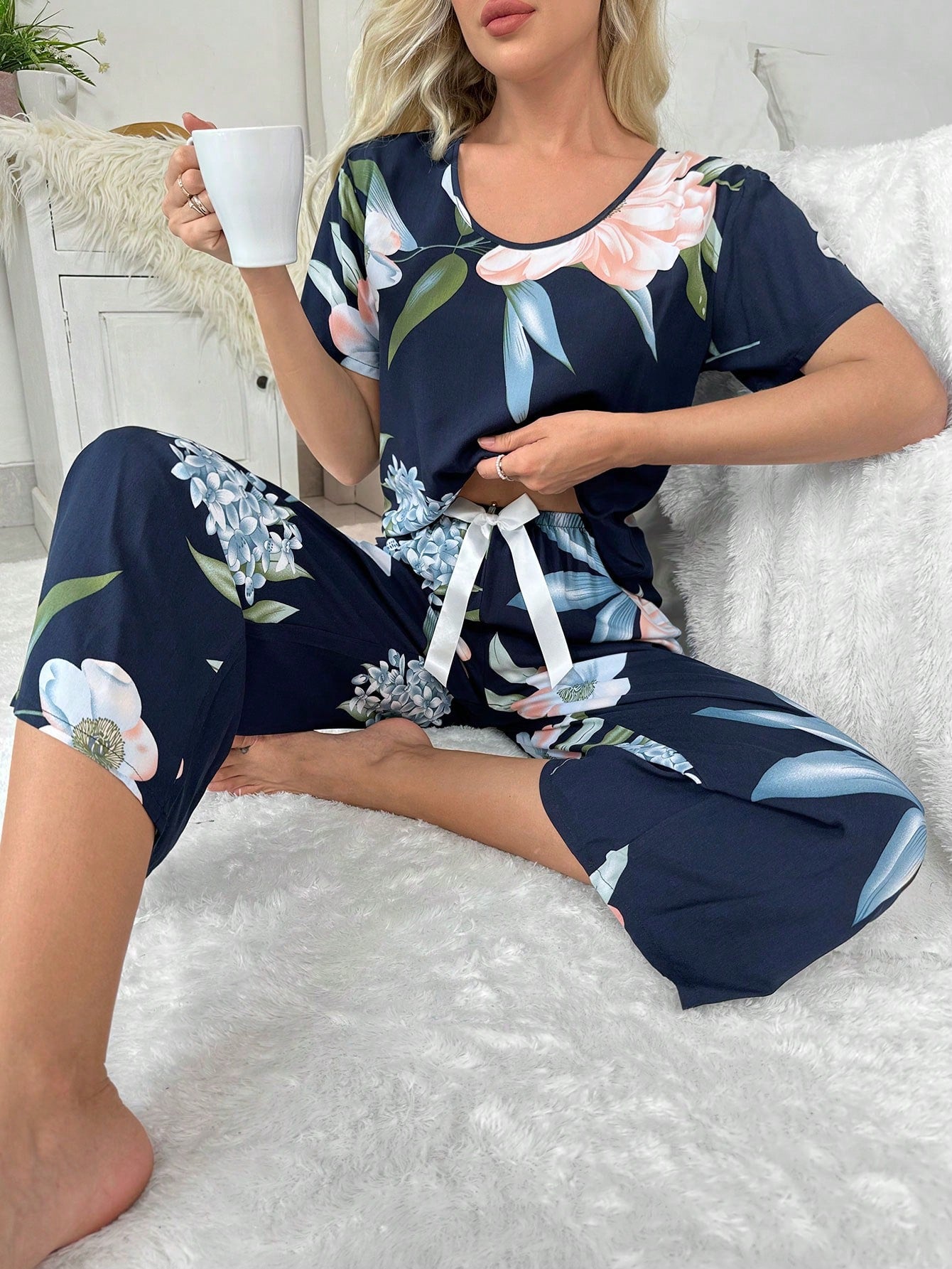 Floral Print Tie Front PJ Set