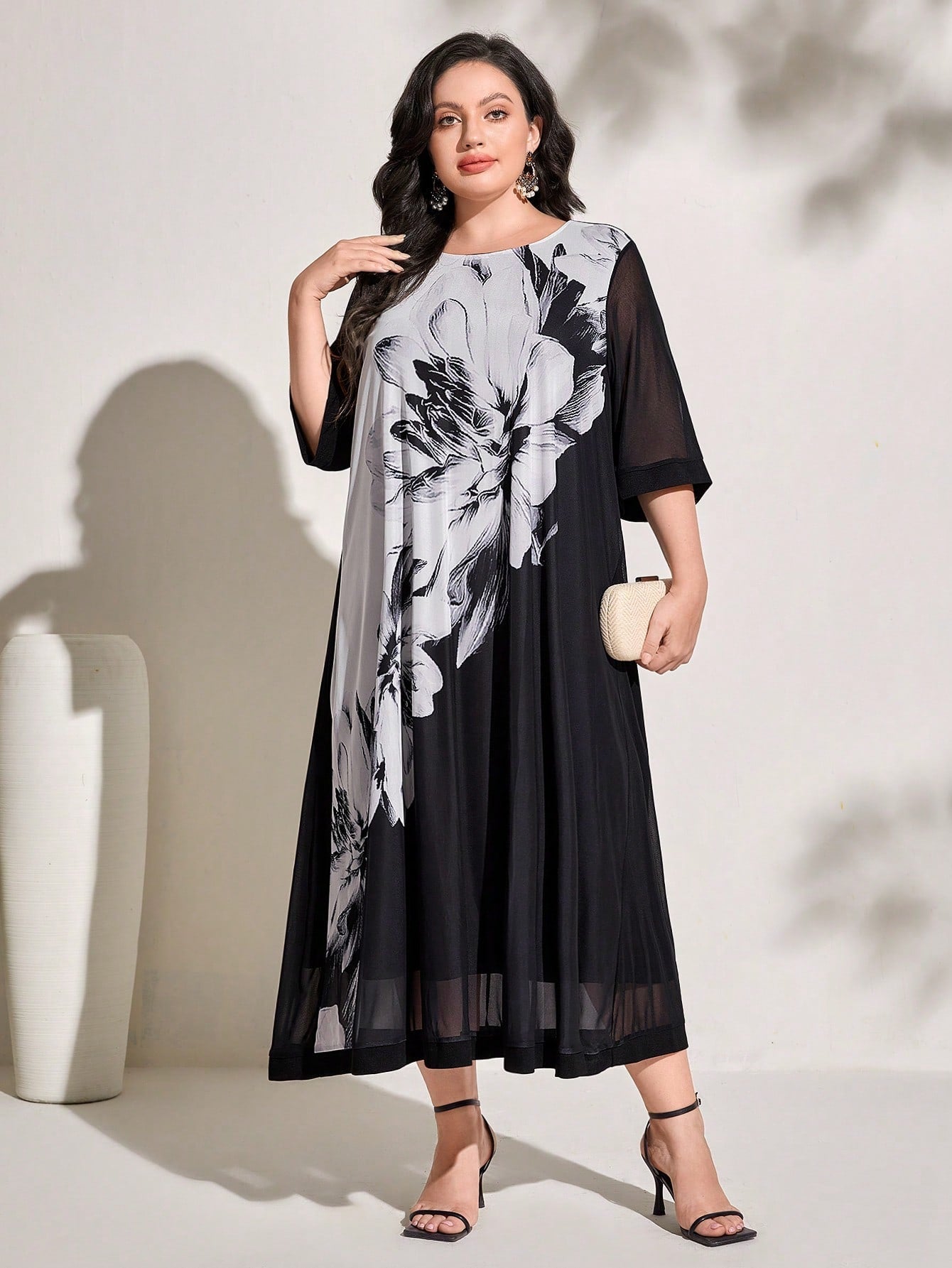 SHEIN Najma plus Floral Print Contrast Mesh Dress