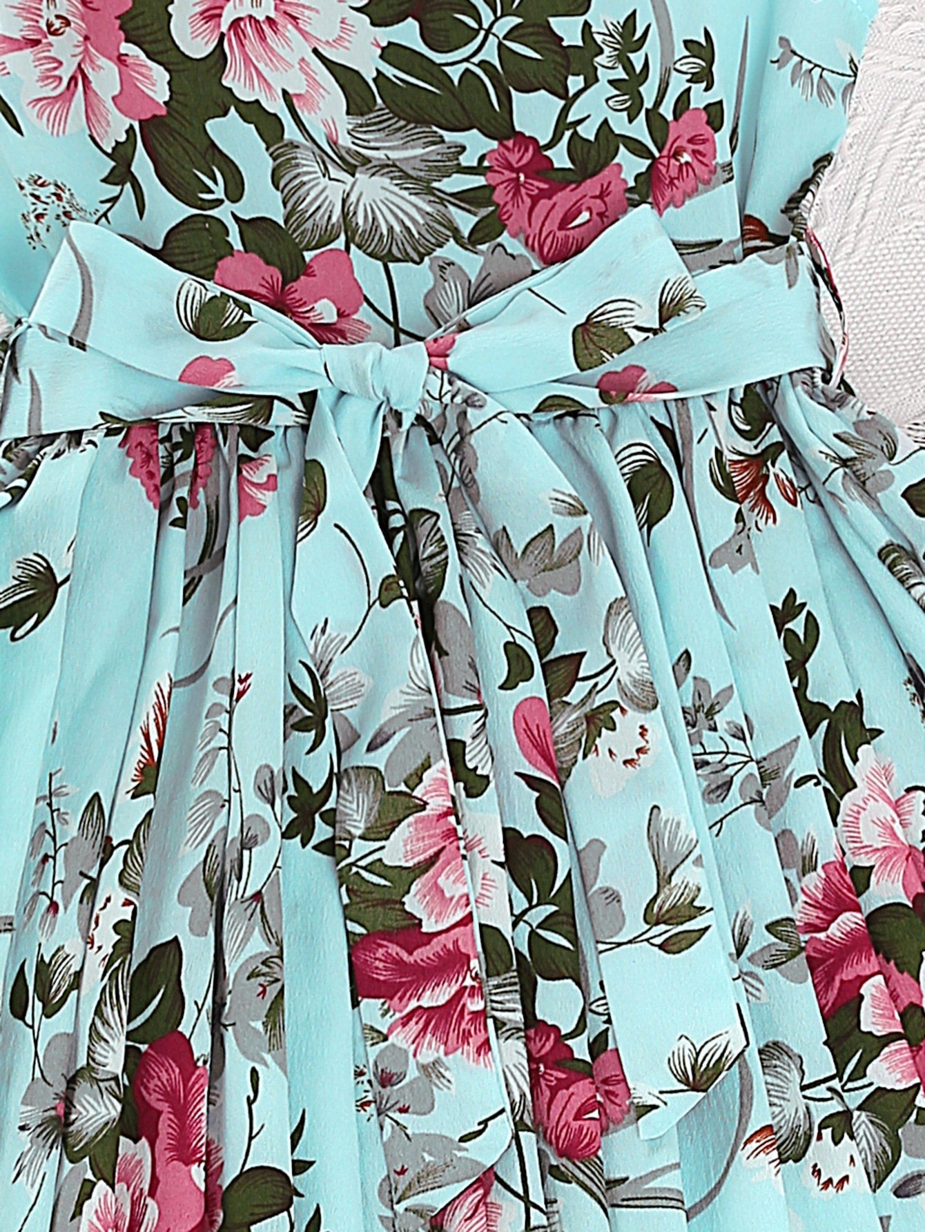 Teen Girls Floral Print Butterfly Sleeve Pleated Hem Belted Dress