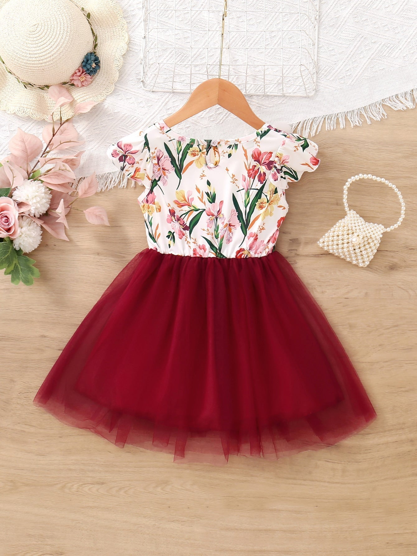 SHEIN Kids Nujoom Young Girl Floral Print Contrast Mesh A-Line Dress