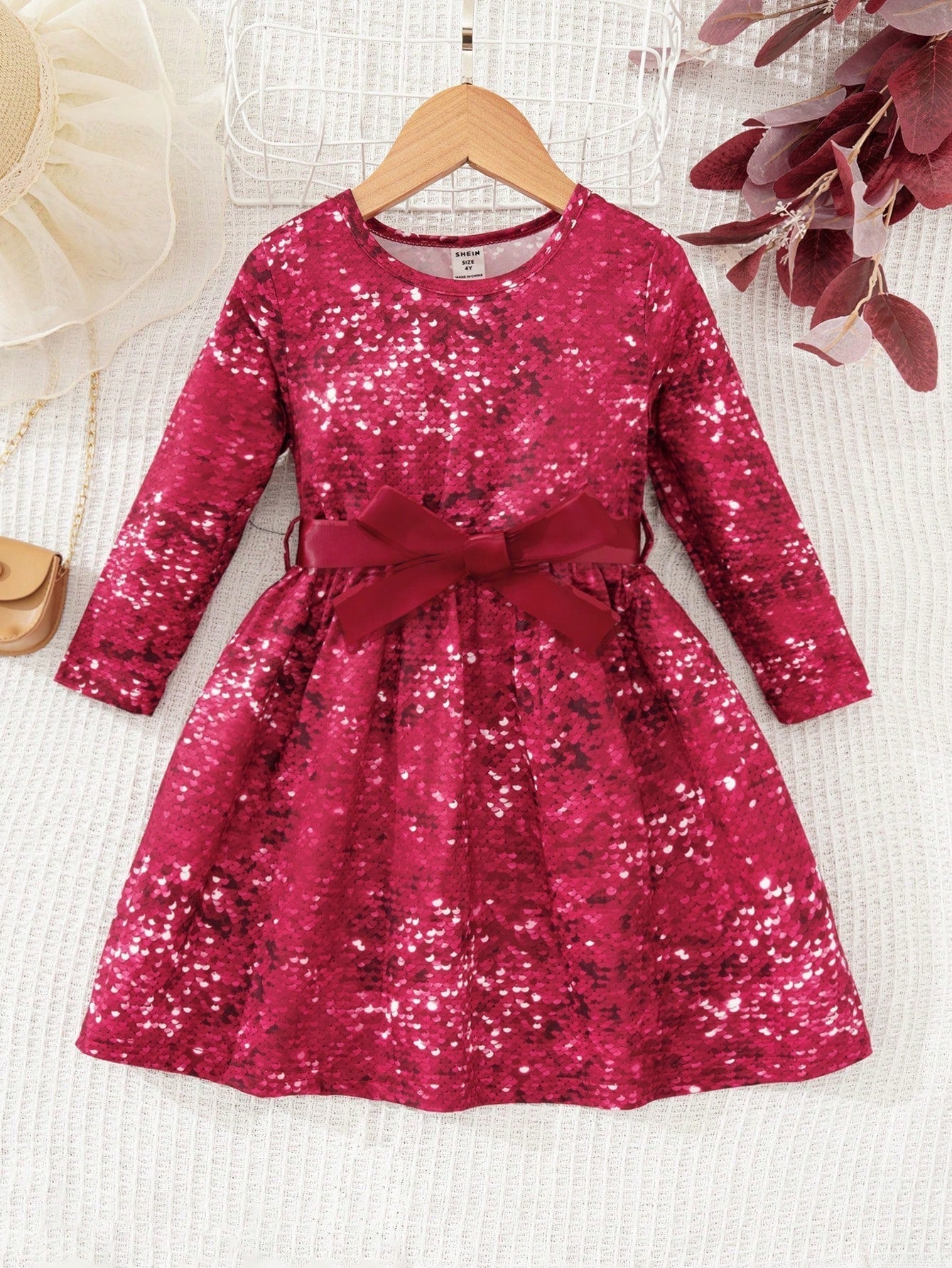 SHEIN Kids CHARMNG Young Girl Allover Sequin Effect Print Belted Dress