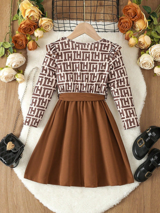 Little Girls' Elegant and Cute Letter Printed Flutter Sleeve Patchwork Dress