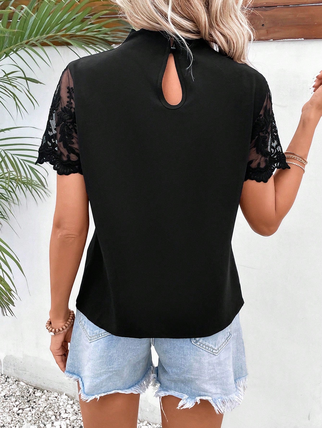 SHEIN Frenchy Contrast Lace Sleeve Mock Neck Blouse
