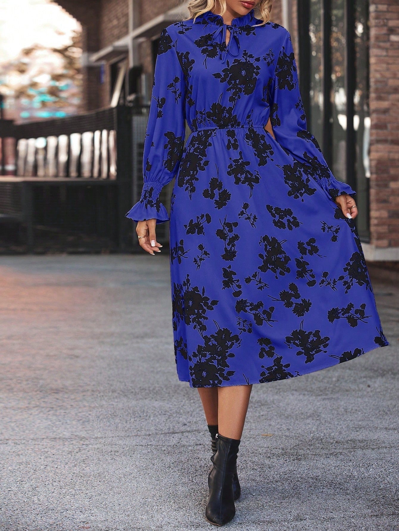 Floral Print Neckline Tie Waist Ruffle Sleeve Dress