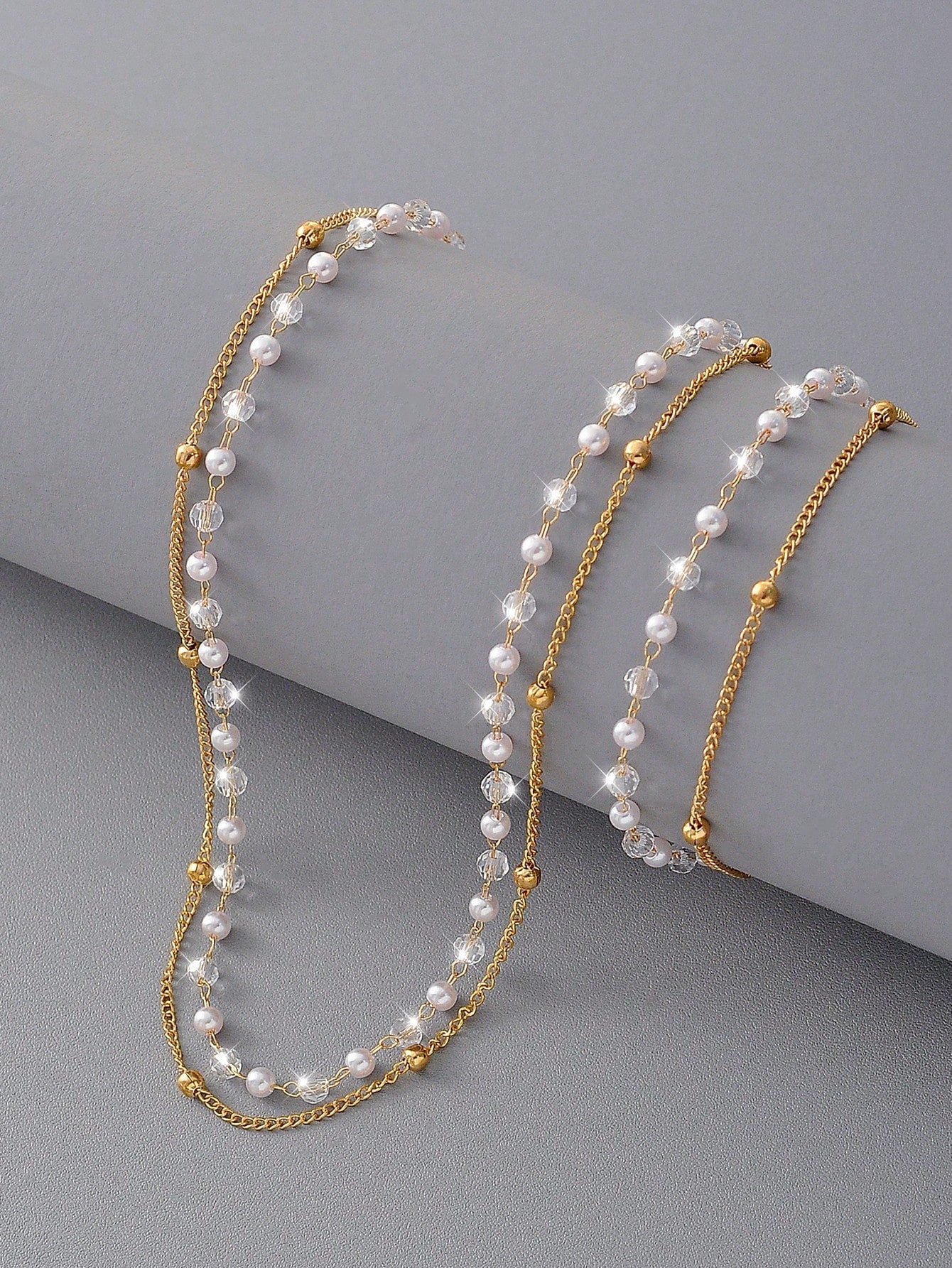 2Pcs Fashionable Luxurious Style Crystal & Faux Pearl Decorated Bracelet & Necklace Set for Women & Girls Suitable for Dating, Holiday, Party, Gift, and Daily Wear
