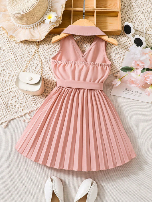 SHEIN Kids FANZEY Young Girl Pleated Hem Belted Halter Dress