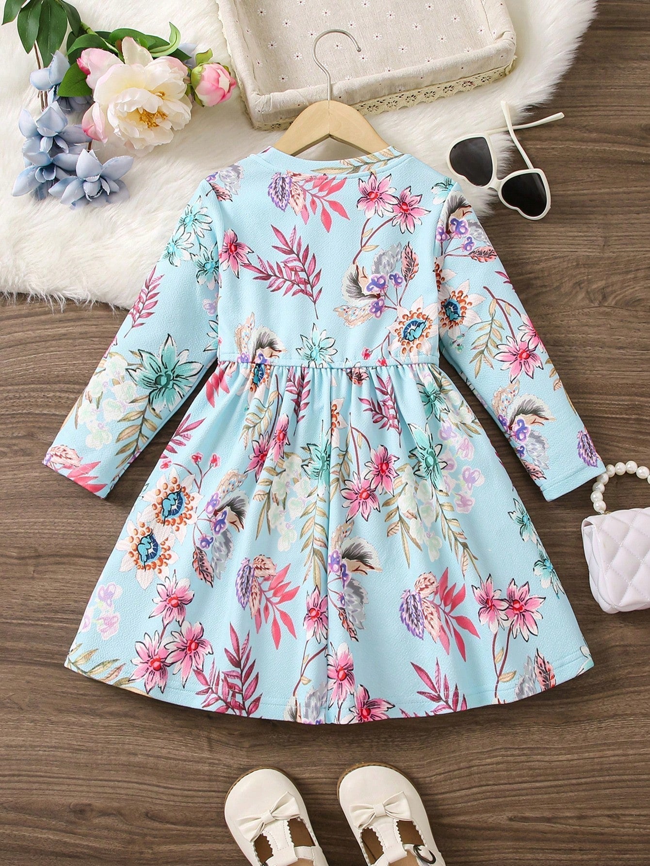SHEIN Kids EVRYDAY Girls' (Little) Floral Printed round Neck Long Sleeve Dress