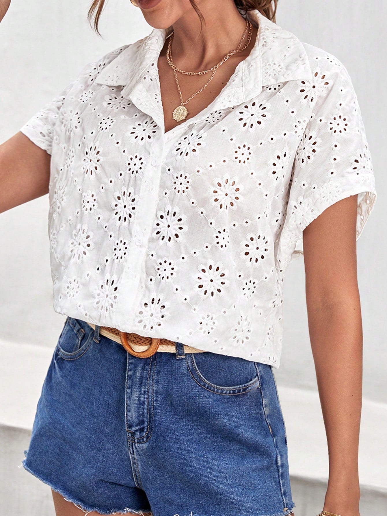 SHEIN Frenchy Eyelet Embroidery Batwing Sleeve Shirt
