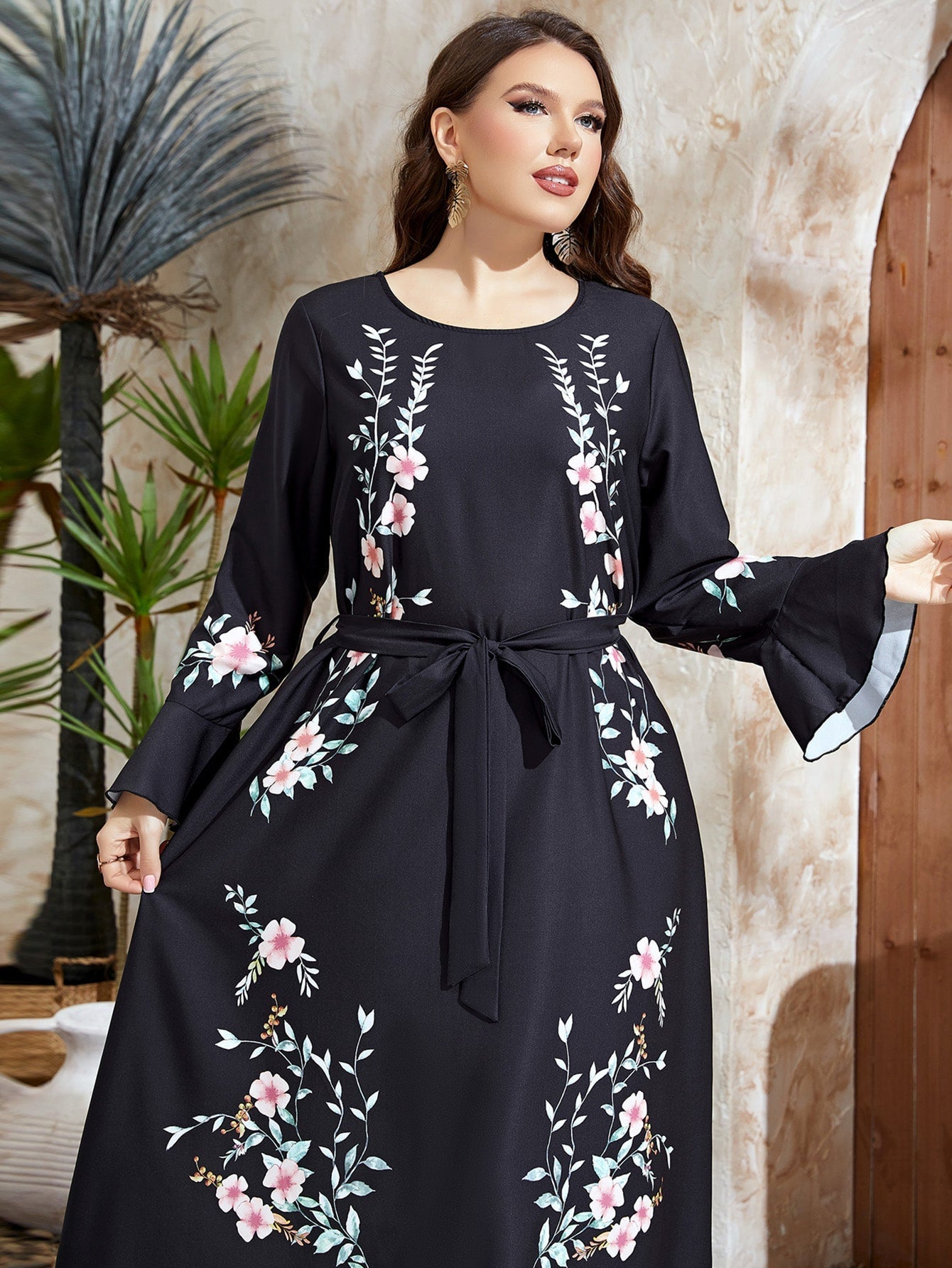 SHEIN Najma plus Floral Print Flounce Sleeve Belted Dress