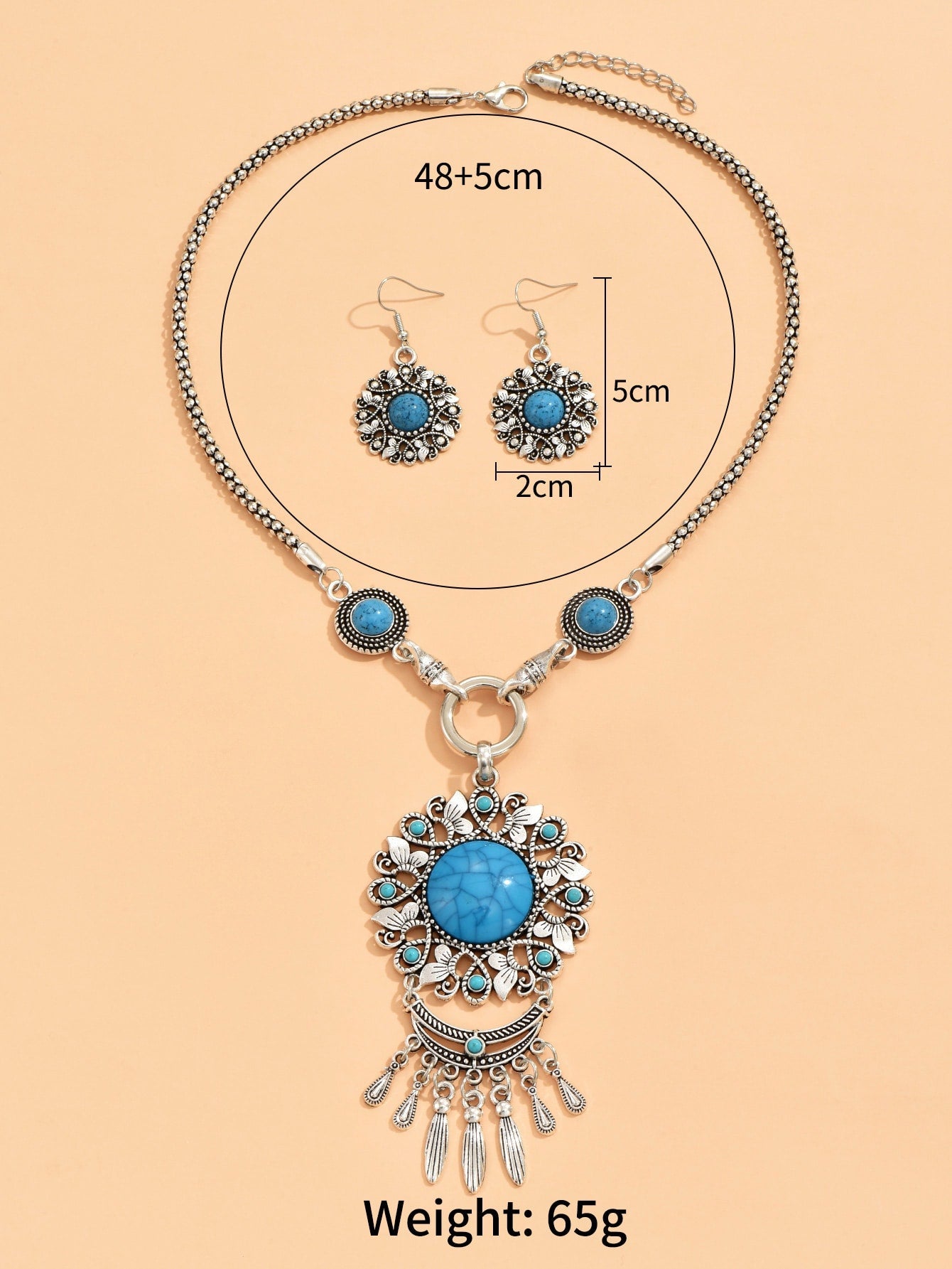 1Set Retro Bohemian Style Turquoise Inlay Flower Pendant Long Tassel Earrings Necklace Set