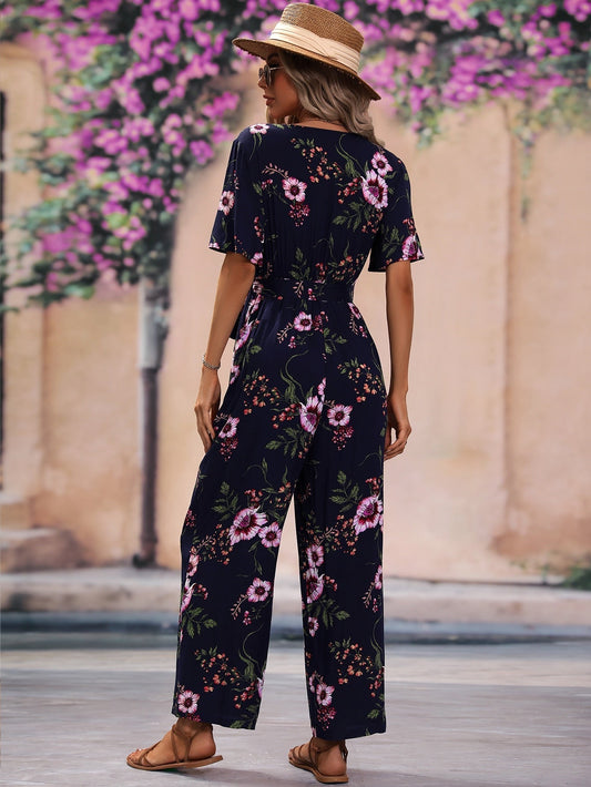 SHEIN VCAY Floral Print Surplice Neck Belted Jumpsuit