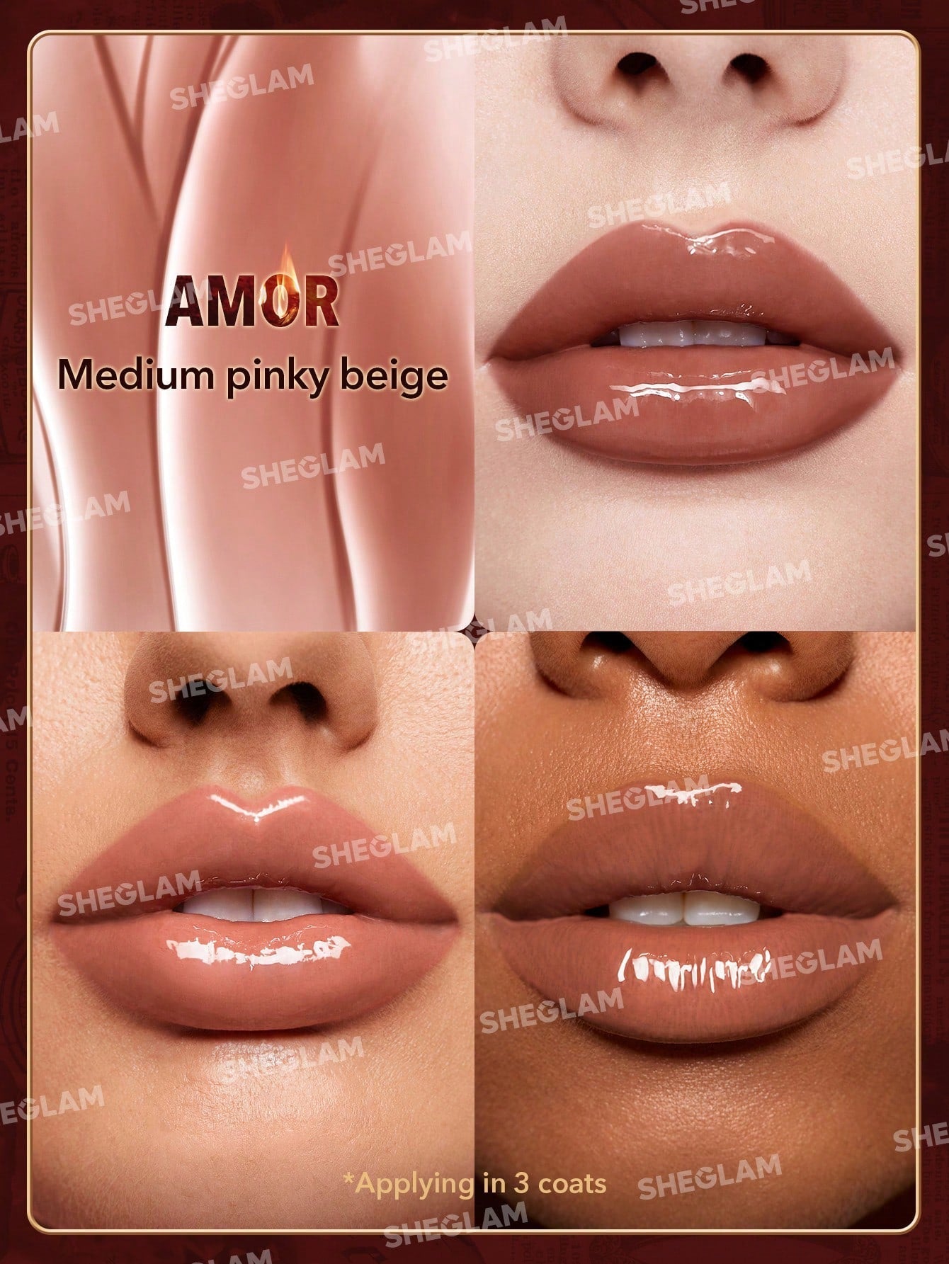 SHEGLAM Ember Rose Immortal Love Nourishing Lip Gloss-Amor Valentines Gift Nude Liquid Lipstick High Shine Finish Ultra Moisturizing Lip Glaze Luminous Shine Non-Sticky Li Makeup
