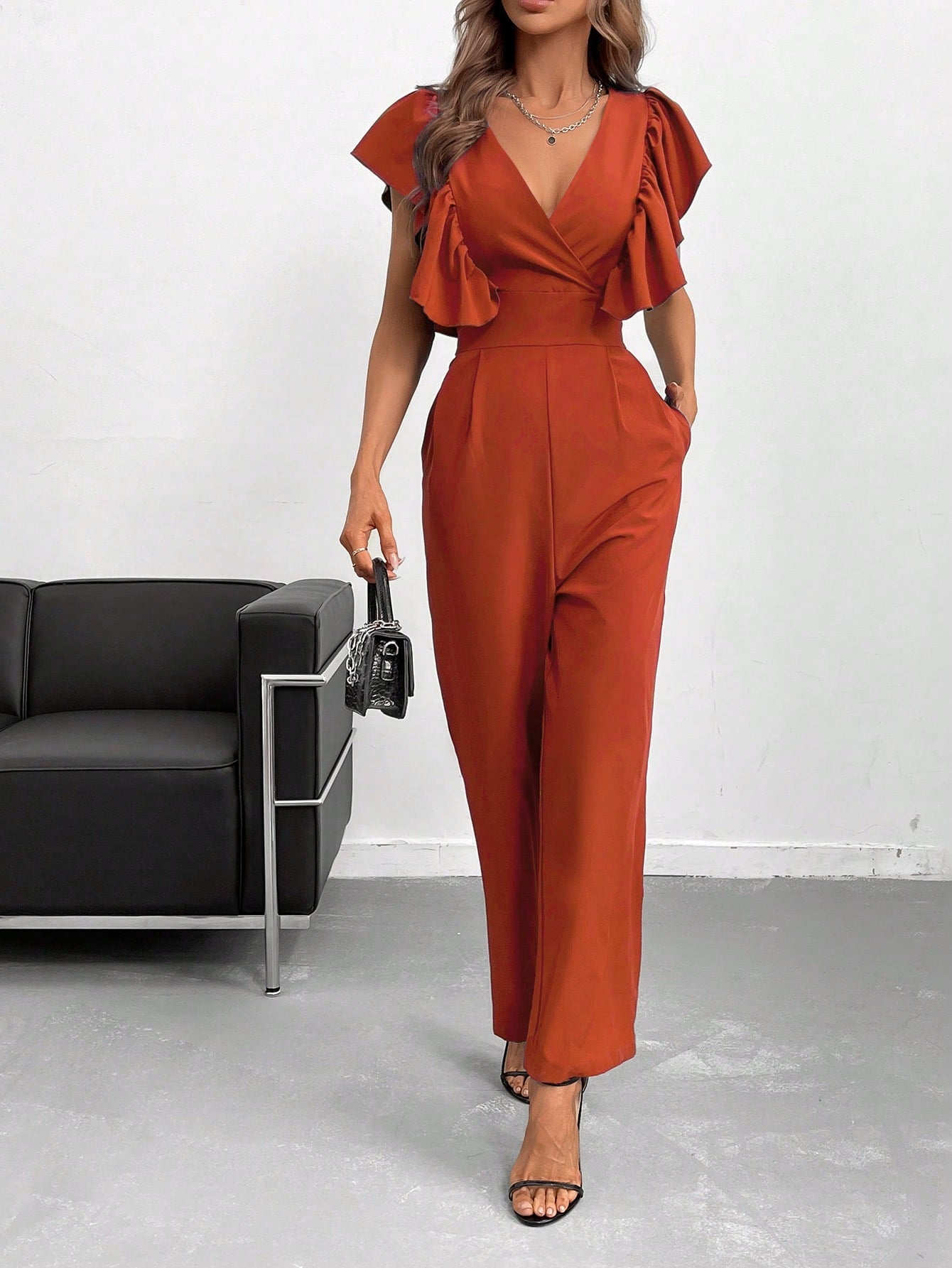 SHEIN Bizwear Solid Ruffle Trim Slant Pocket Jumpsuit Workwear