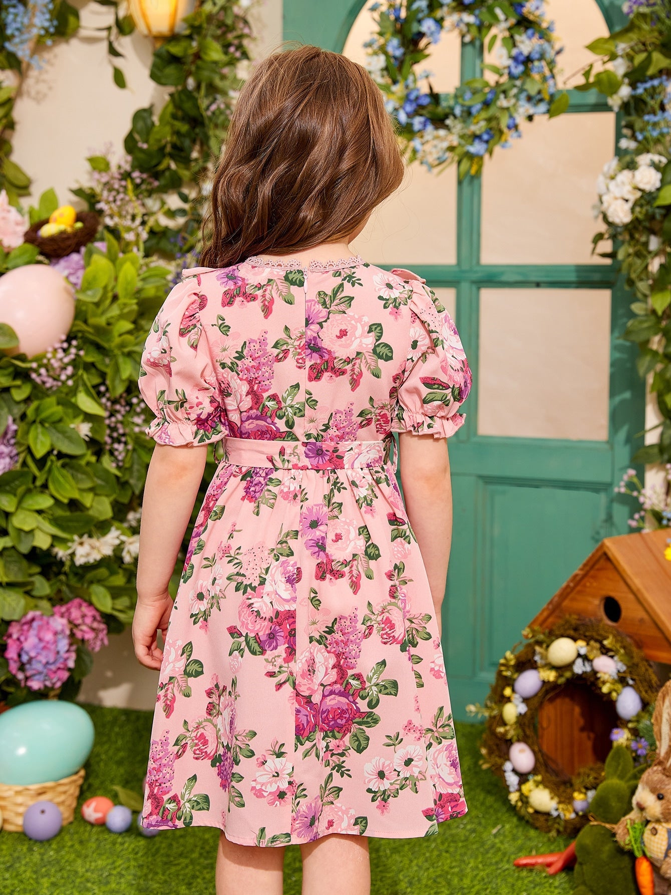 SHEIN Kids CHARMNG Young Girl Floral Print Lace Yoke Ruffle Trim Puff Sleeve Belted Dress