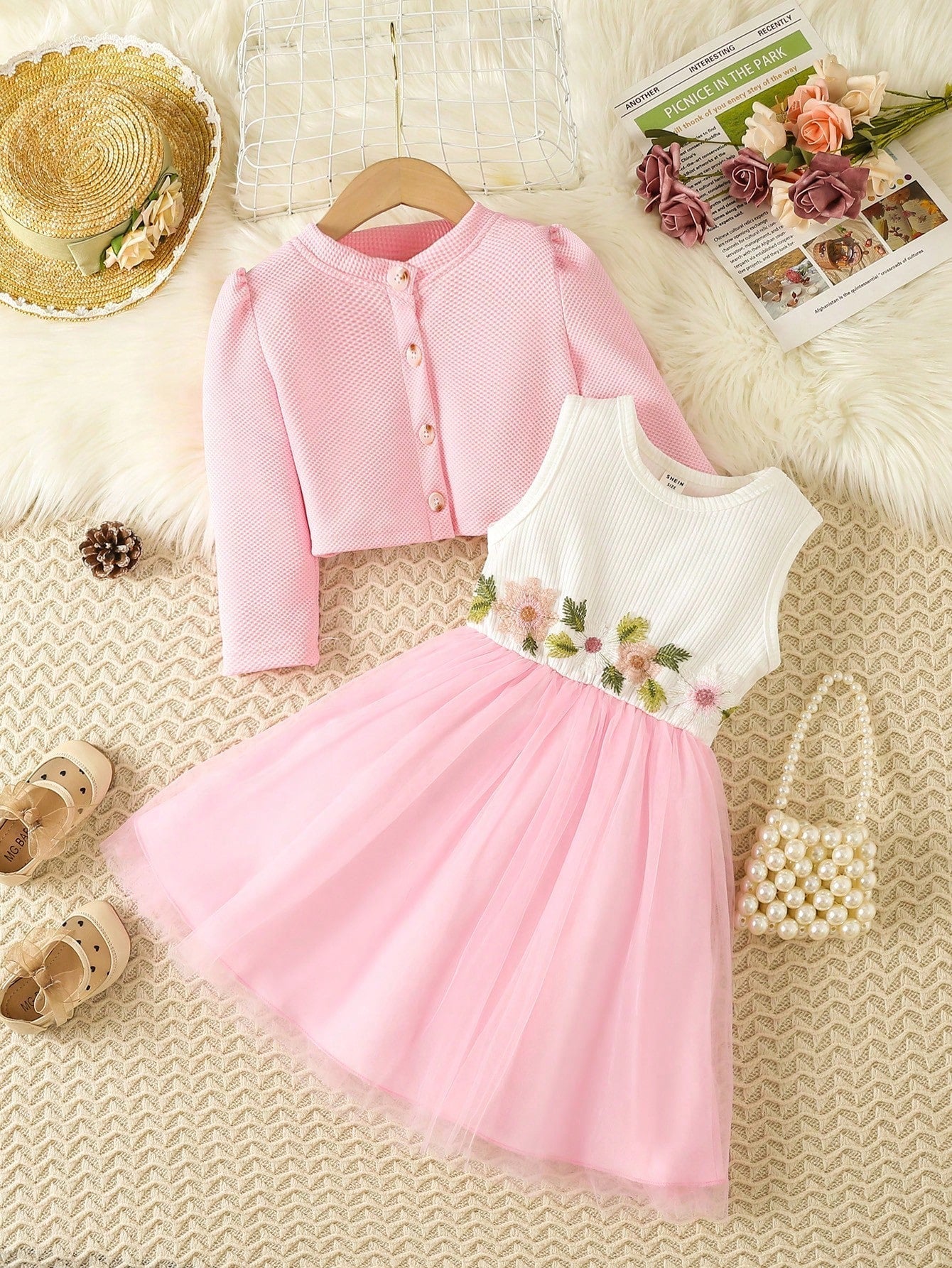SHEIN Kids FANZEY Young Girl Floral Embroidery Mesh Hem Party Dress & Puff Sleeve Jacket