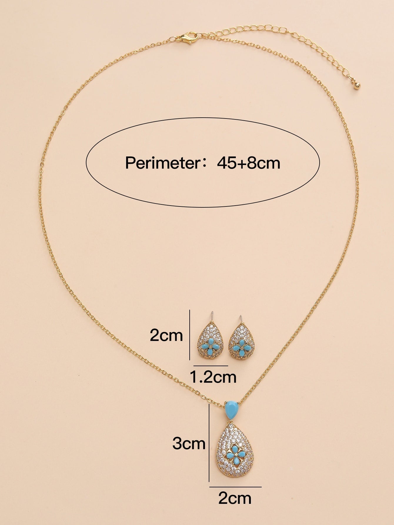 Three-Piece Drop-Shaped Blue Turquoise and Gold-Plated Earrings and Necklace Set