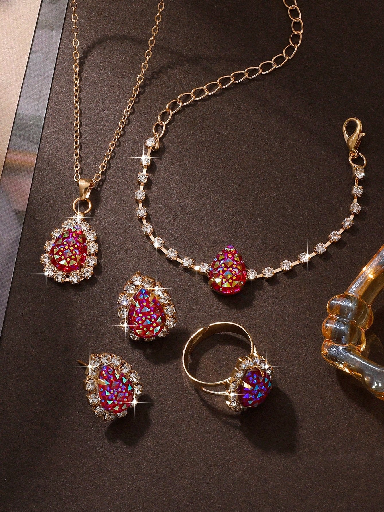 5Pcs Women'S Teardrop Rhinestone Jewelry Set