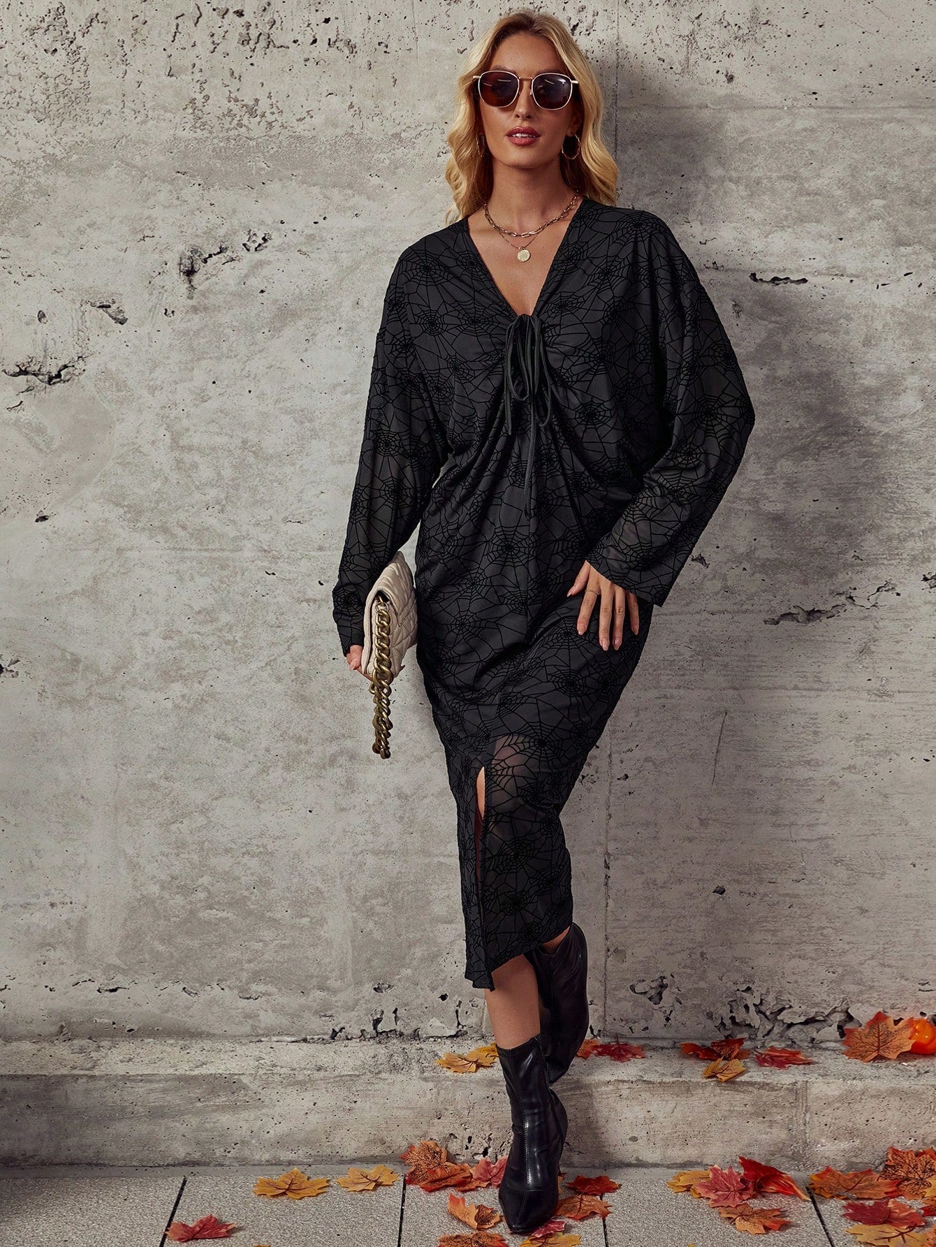 SHEIN Clasi Halloween Spider Web Jacquard Drawstring Front Batwing Sleeve Split Hem Dress