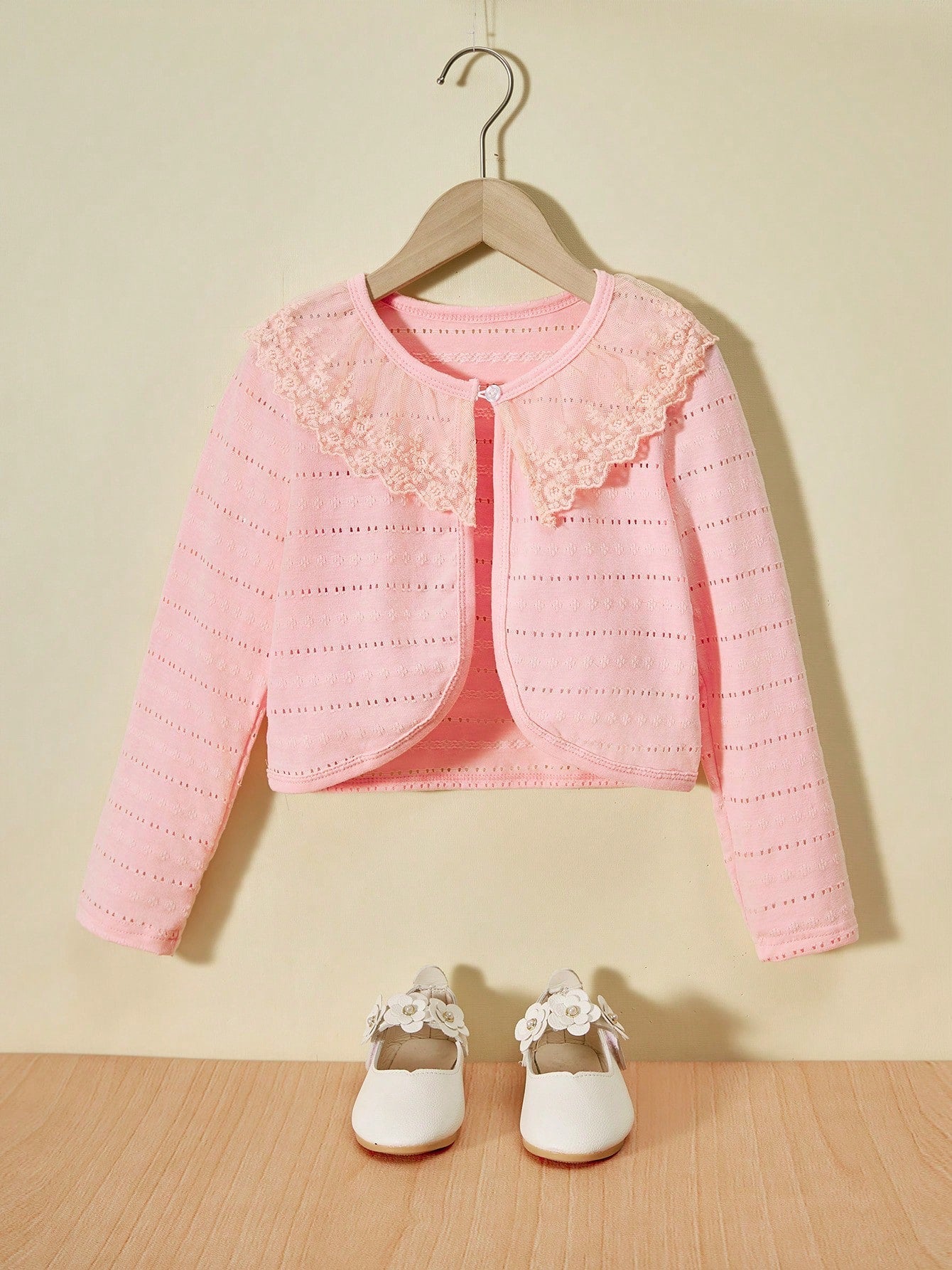 Little Girls' Lace Splice Cardigan with Single Button Closure