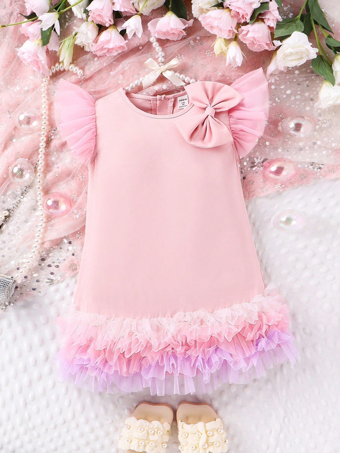 SHEIN Kids CHARMNG Young Girls' Romantic Light Court Style Fashionable Sleeveless Mesh Dress with Bowknot Detail for Spring and Autumn