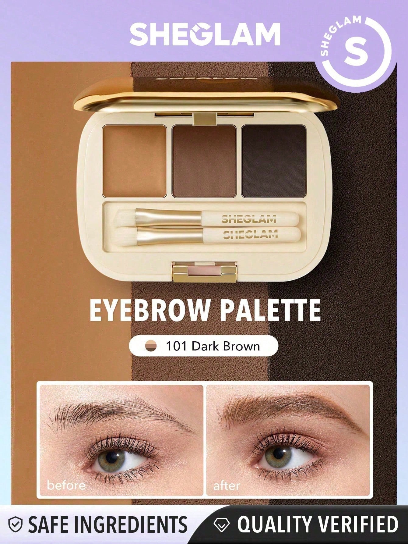 SHEGLAM Full-Filled Eyebrow Palette-101 Dark Brown 3-Color Matte Eyebrow Powder Eyebrow Wax Filling Defining Shaping Eyebrow Makeup with Small Brush Black Friday Party Eyebrow