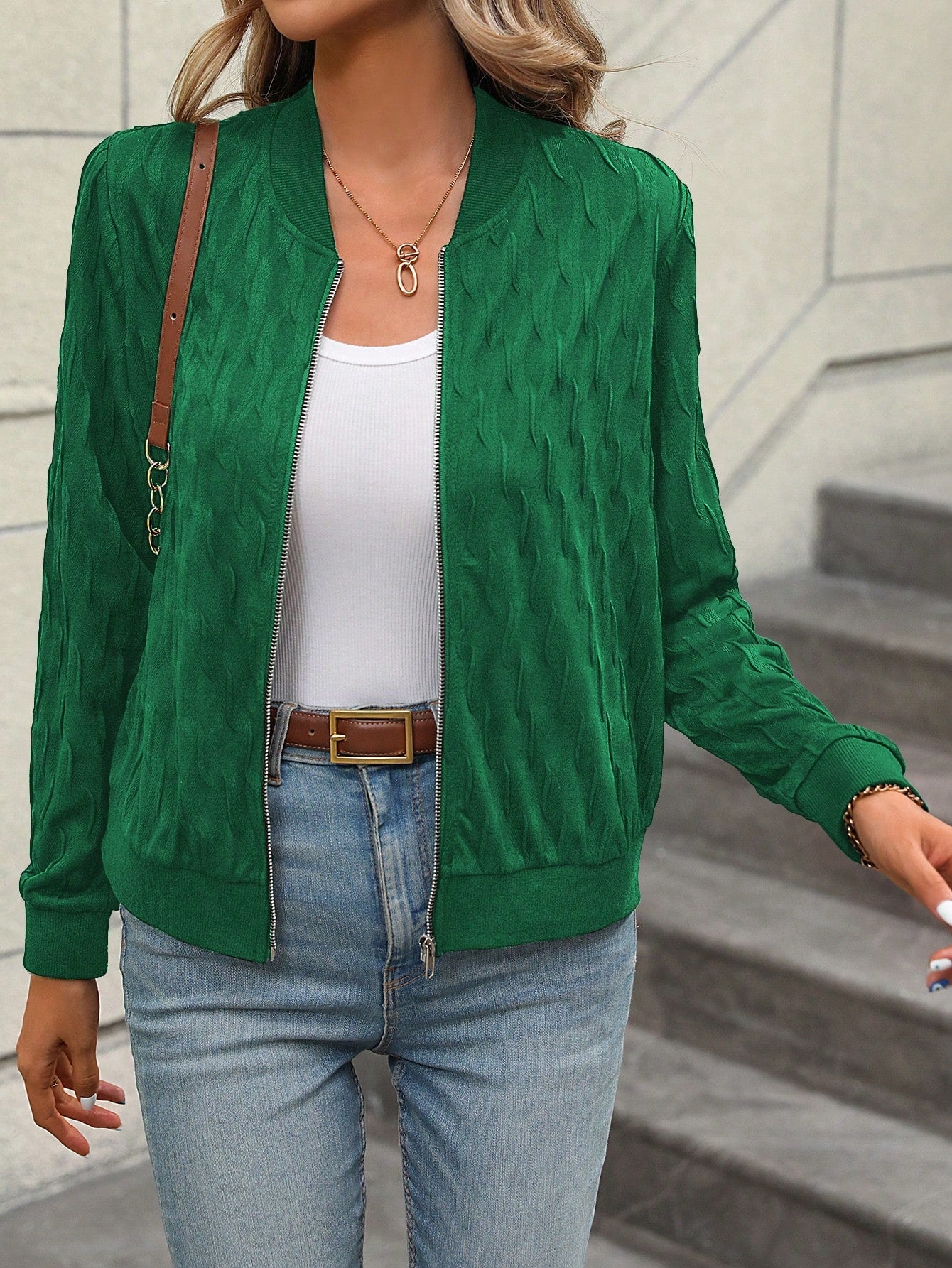 SHEIN LUNE Solid Zip up Bomber Jacket
