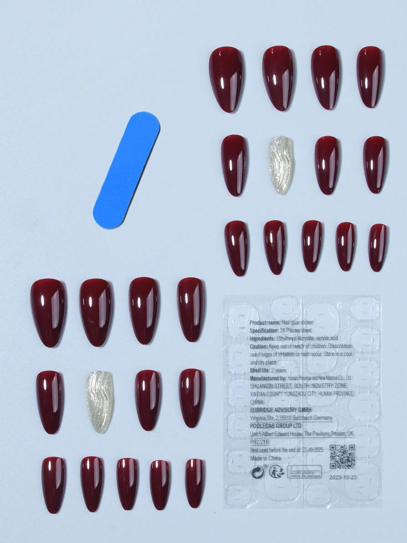 26Pcs Press on Nails Long Almond White Purple Red & 3D Water Ripples Design Fake Nail Set , Contain 1Pcs Jelly Glue and 1Pcs Nail File, for Nail Art Decorations by Women & Girls