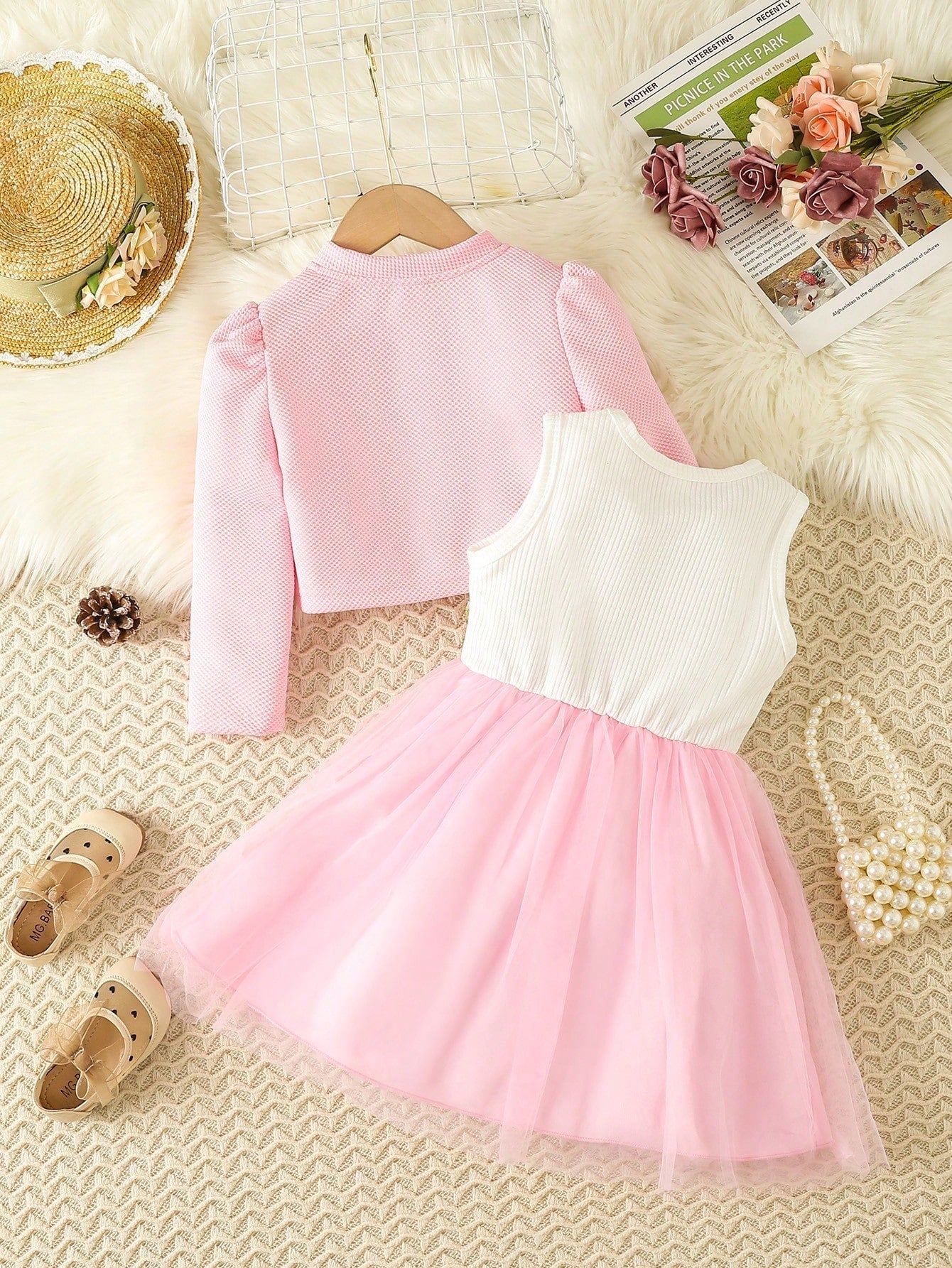SHEIN Kids FANZEY Young Girl Floral Embroidery Mesh Hem Party Dress & Puff Sleeve Jacket