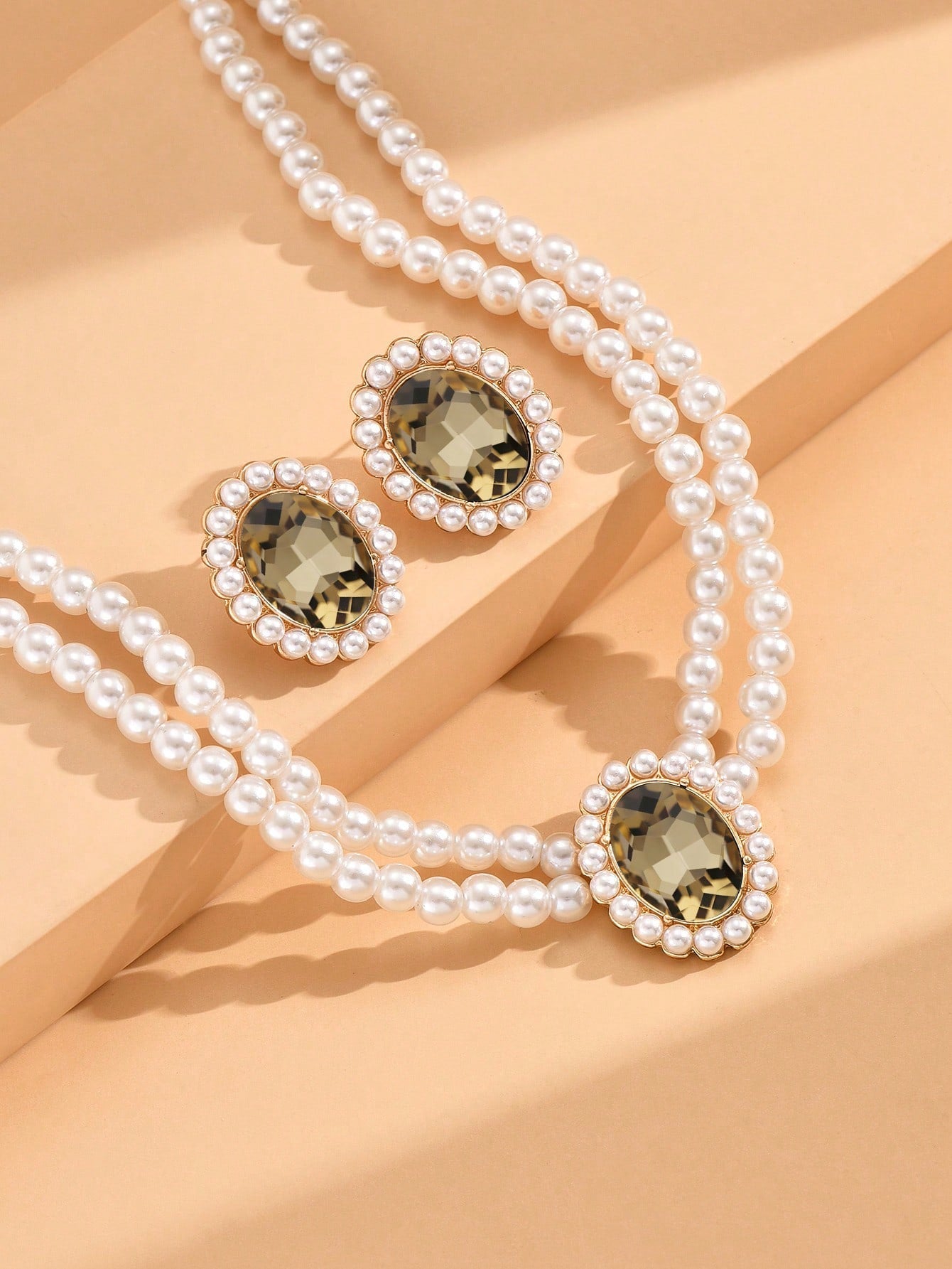 2Pcs Jewelry Set Including 1Pc Pearl Necklace & 1Pair Earrings, Vintage Style Elegant Necklace with Granny Green Stone Women'S Set(2-3Pcs/Set), Also Can Be Sold Separately