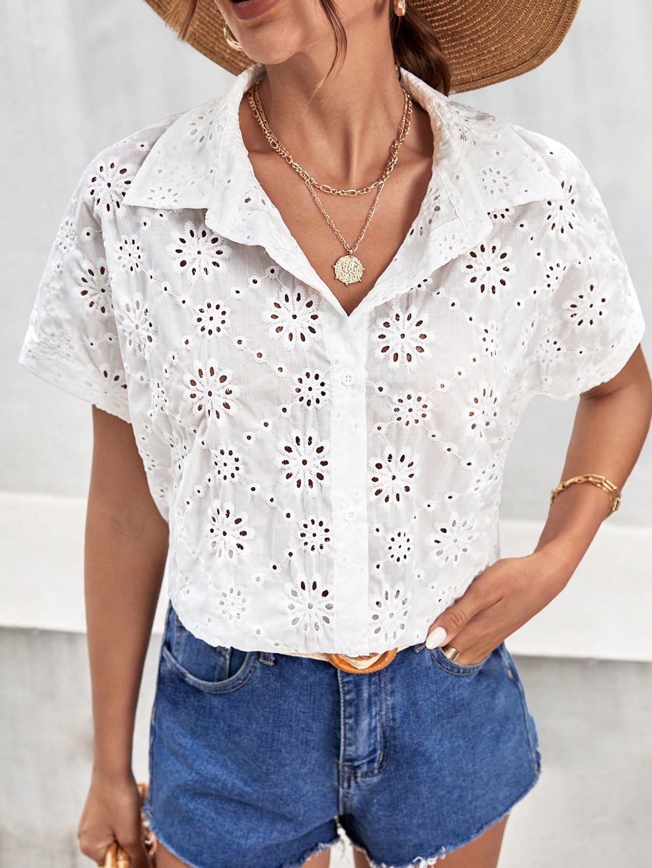 SHEIN Frenchy Eyelet Embroidery Batwing Sleeve Shirt