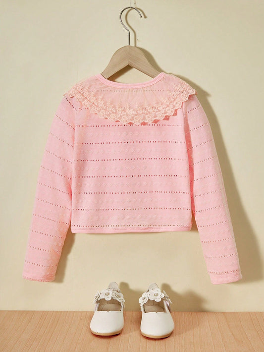 Little Girls' Lace Splice Cardigan with Single Button Closure