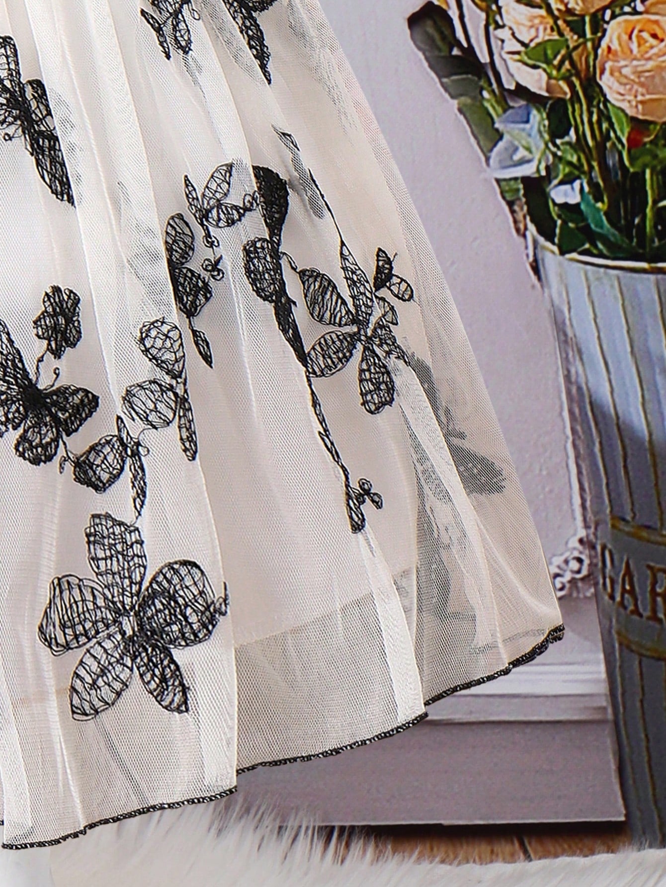 SHEIN Kids CHARMNG Girls' (Little) Contrast Color Butterfly Embroidery Tulle Patchwork Puff Sleeve Poufy Dress