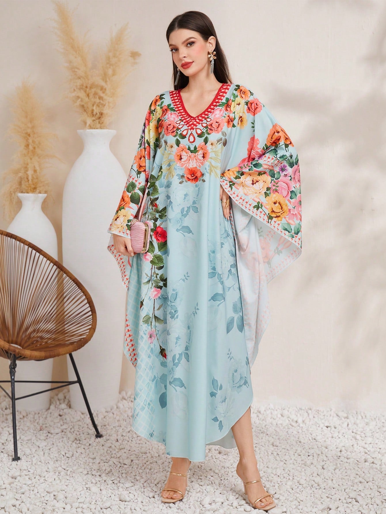 SHEIN Najma Women'S Flower Print Batwing Sleeve Maxi Robe