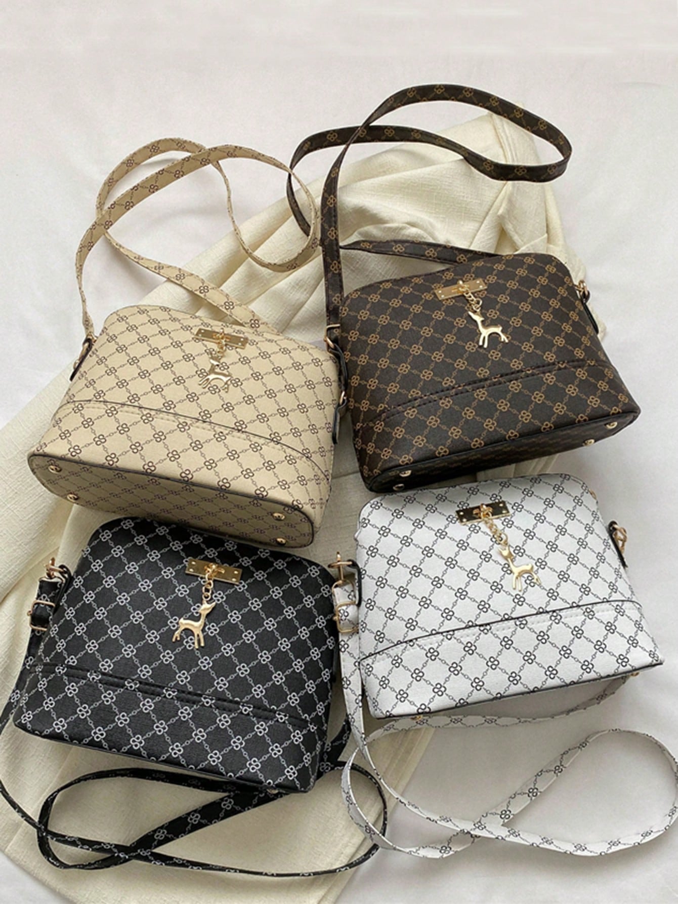 Small Dome Bag Elegant Geometric Pattern Deer Charm Zipper Adjustable Strap