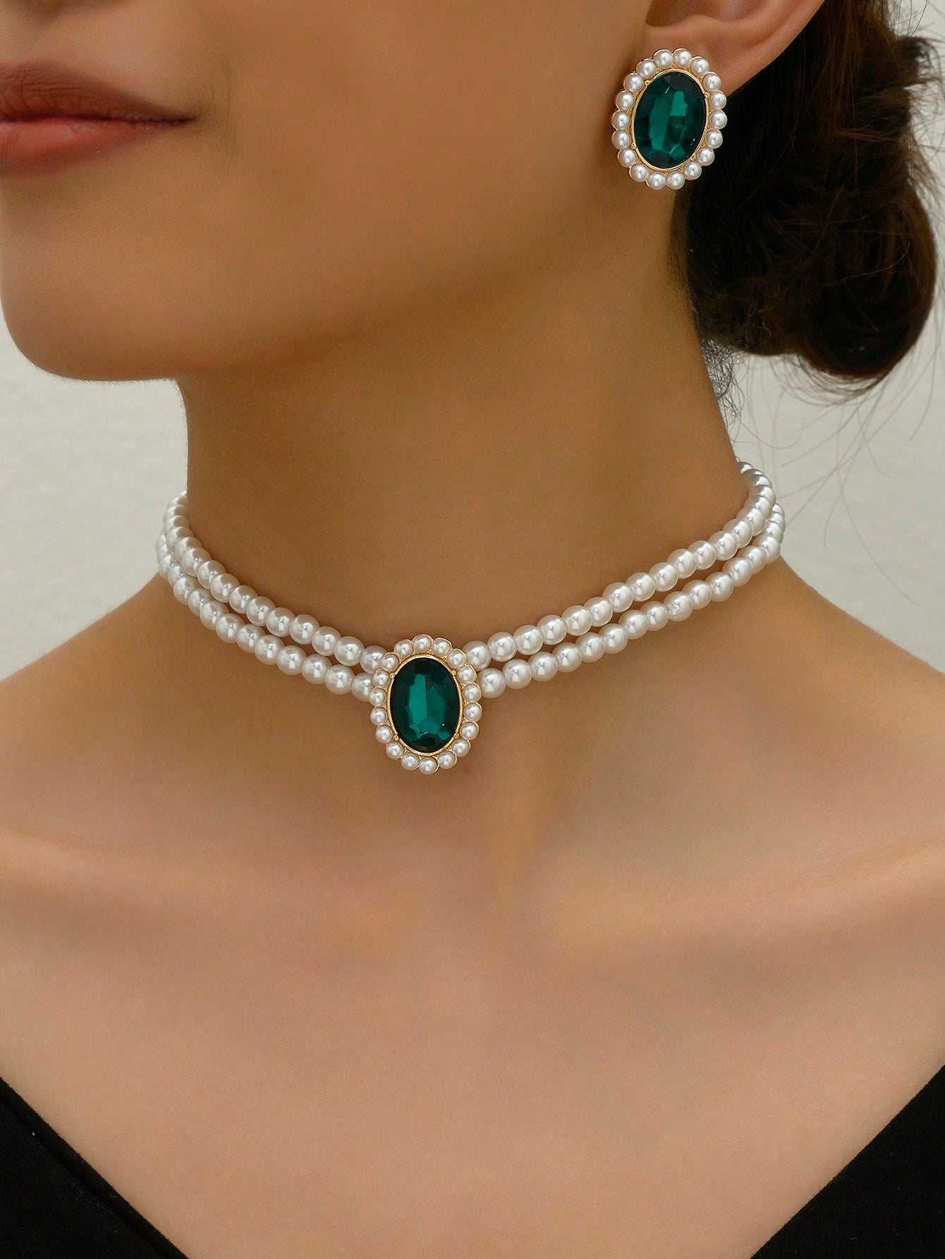 2Pcs Jewelry Set Including 1Pc Pearl Necklace & 1Pair Earrings, Vintage Style Elegant Necklace with Granny Green Stone Women'S Set(2-3Pcs/Set), Also Can Be Sold Separately