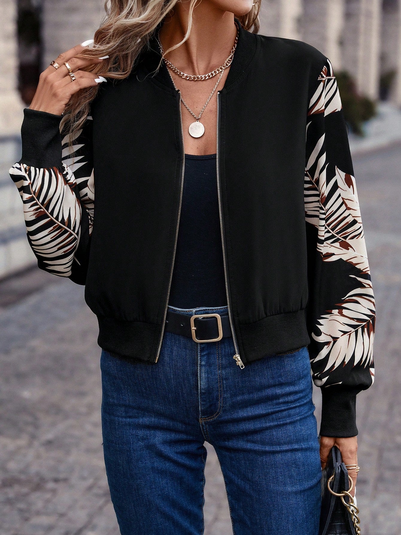 SHEIN Frenchy Tropical Print Zip up Bomber Jacket