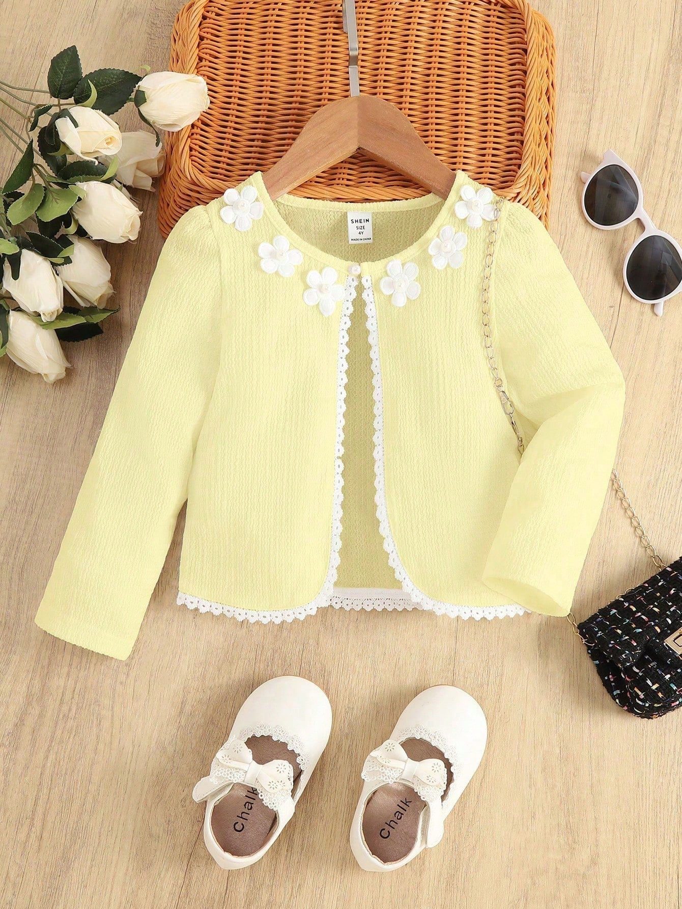 SHEIN Young Girl 3D Flower Decoration Color Block Long Sleeve Jacket for a Stylish Look