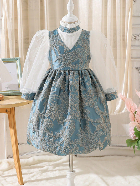 SHEIN Kids Nujoom Young Girl Floral Print Contrast Mesh Lantern Sleeve Dress