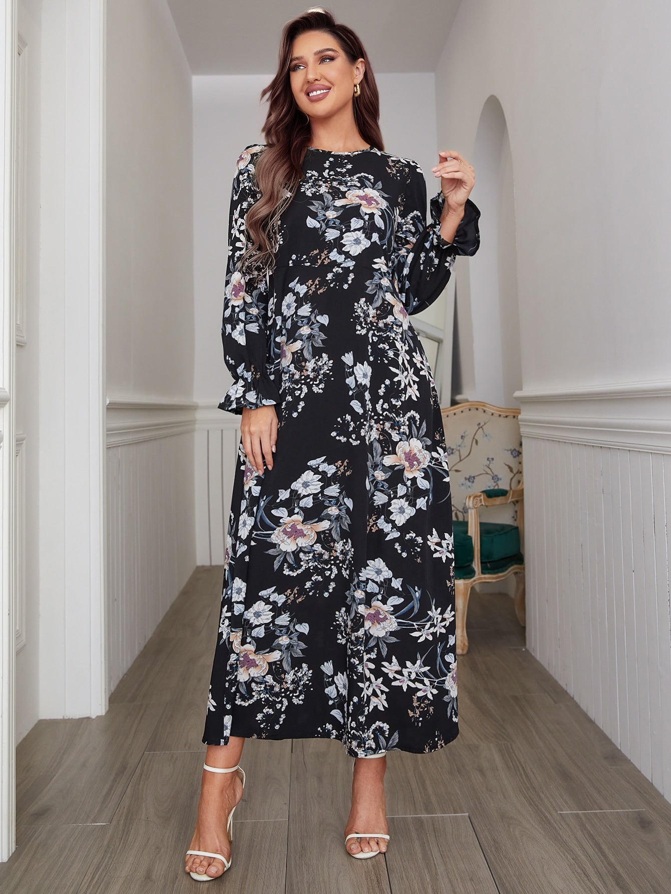SHEIN Mulvari Floral Print Flounce Sleeve Keyhole Back Dress