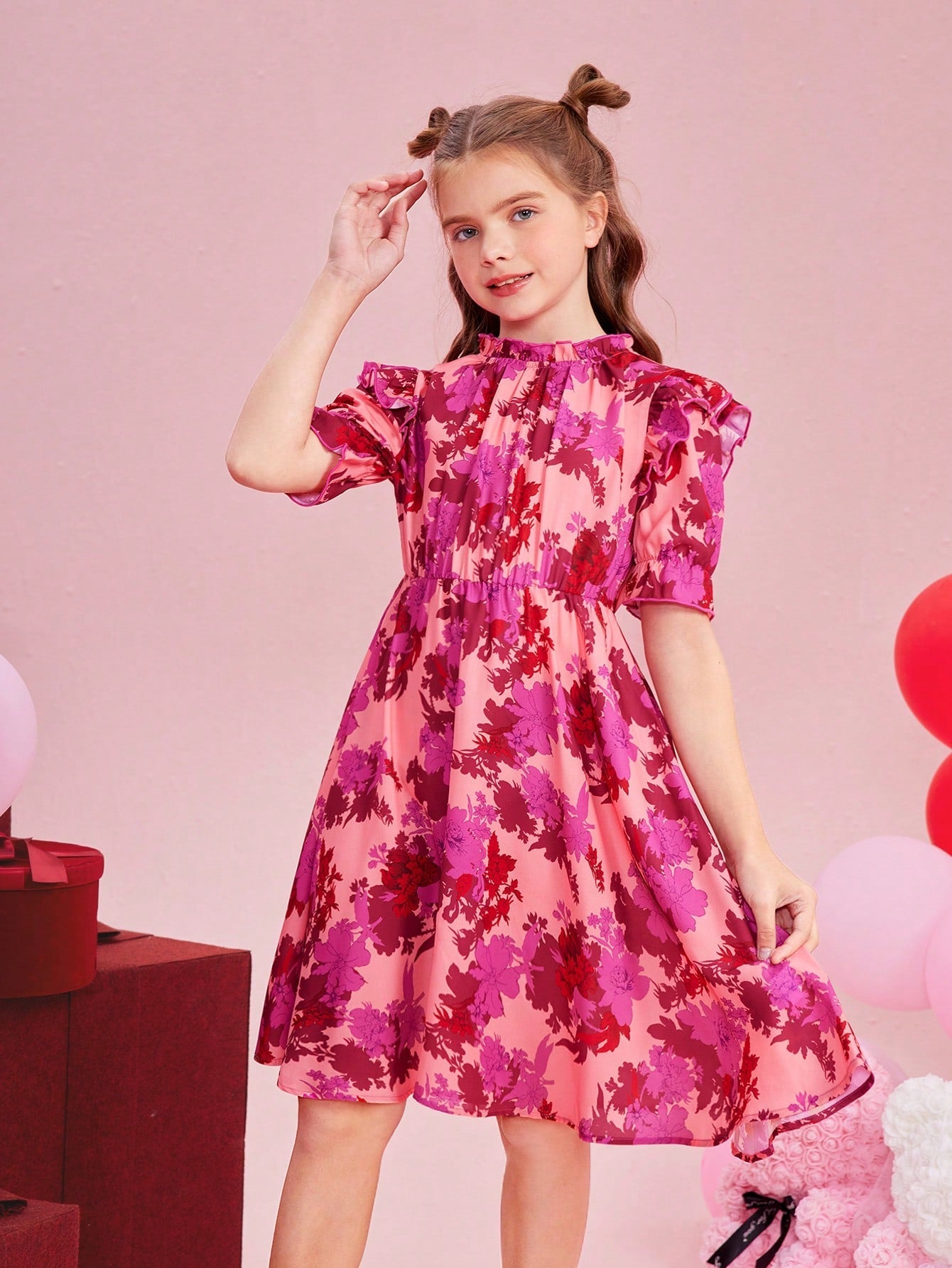 SHEIN Kids CHARMNG Big Girls' Woven Flower Pattern Short Sleeve Dress with Ruffle Hem and Peter Pan Collar