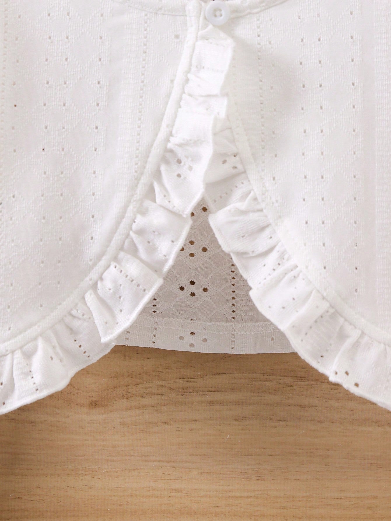 SHEIN Kids FANZEY Young Girl Ruffle Trim Eyelet Embroidery Crop Jacket