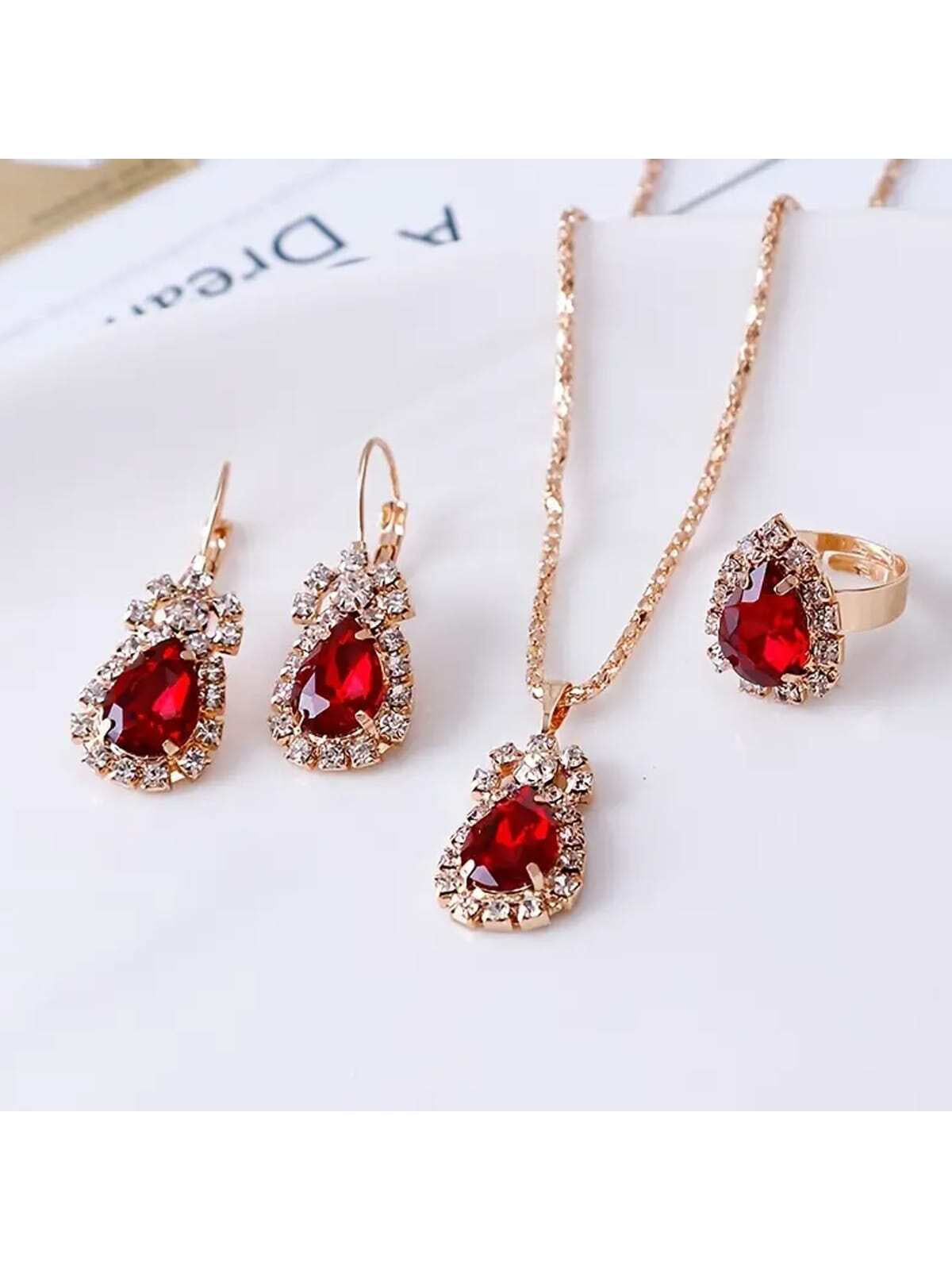 Europe and American Style Personality Teardrop Rhinestone Necklace, Earrings, Ring Set Bridal Jewelry Three-Piece Set
