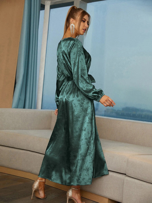 SHEIN Modely Satin Jacquard Self Tie V-Neck Dress