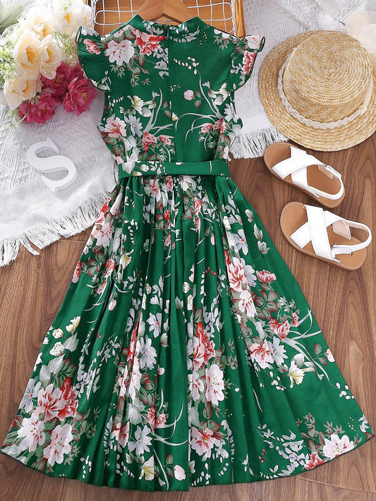 Girls Floral Print Ruffle Trim Pleated Hem Belted Dress