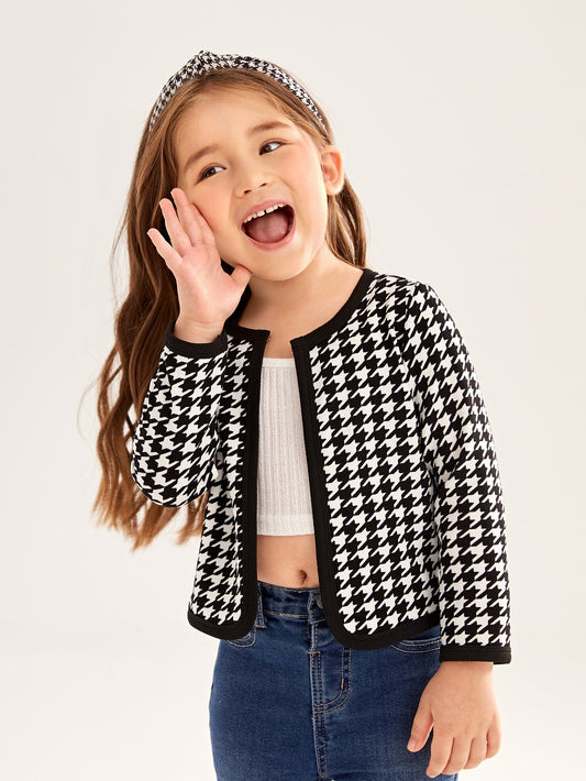 SHEIN Kids FANZEY Young Girl Houndstooth Print Contrast Binding Open Front Jacket