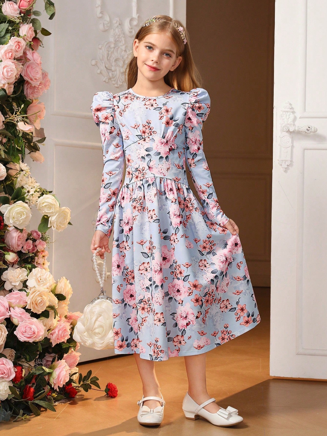 SHEIN Tween Girl Floral Print Gigot Sleeve Dress