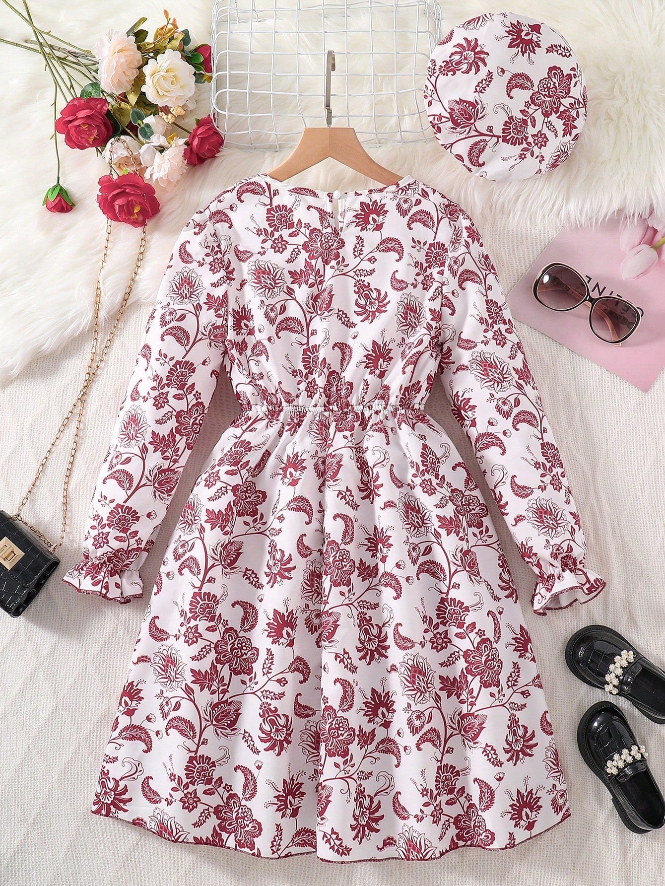 SHEIN Kids FANZEY Tween Girl Floral Print Flounce Sleeve Ruffle Hem Dress with Hat