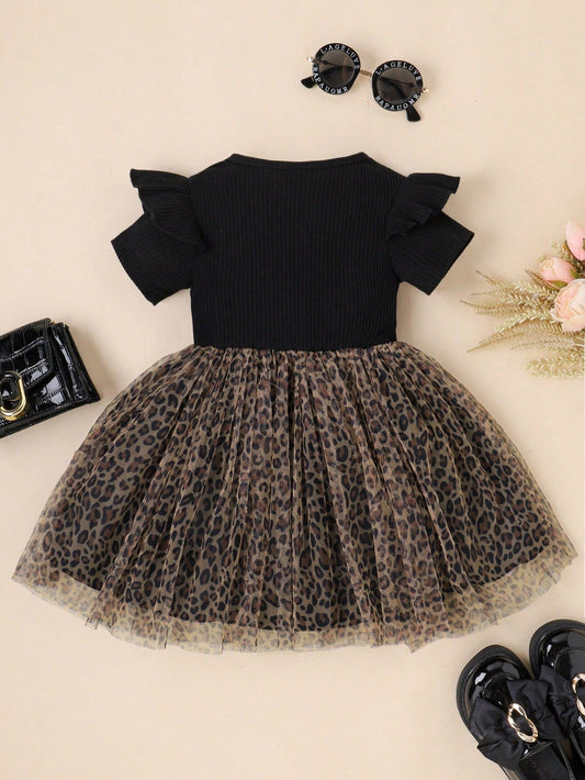 SHEIN Kids CHARMNG Young Girl Leopard Mesh Overlay Ruffle Trim Bow Front Dress