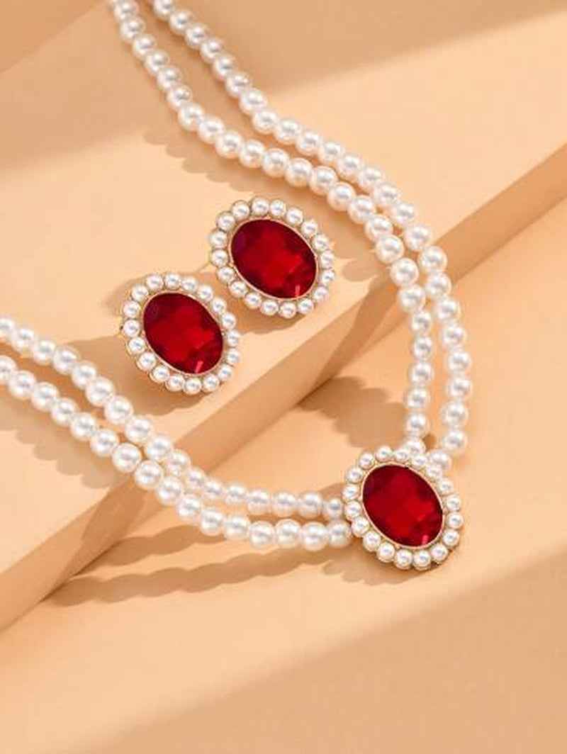 2Pcs Jewelry Set Including 1Pc Pearl Necklace & 1Pair Earrings, Vintage Style Elegant Necklace with Granny Green Stone Women'S Set(2-3Pcs/Set), Also Can Be Sold Separately